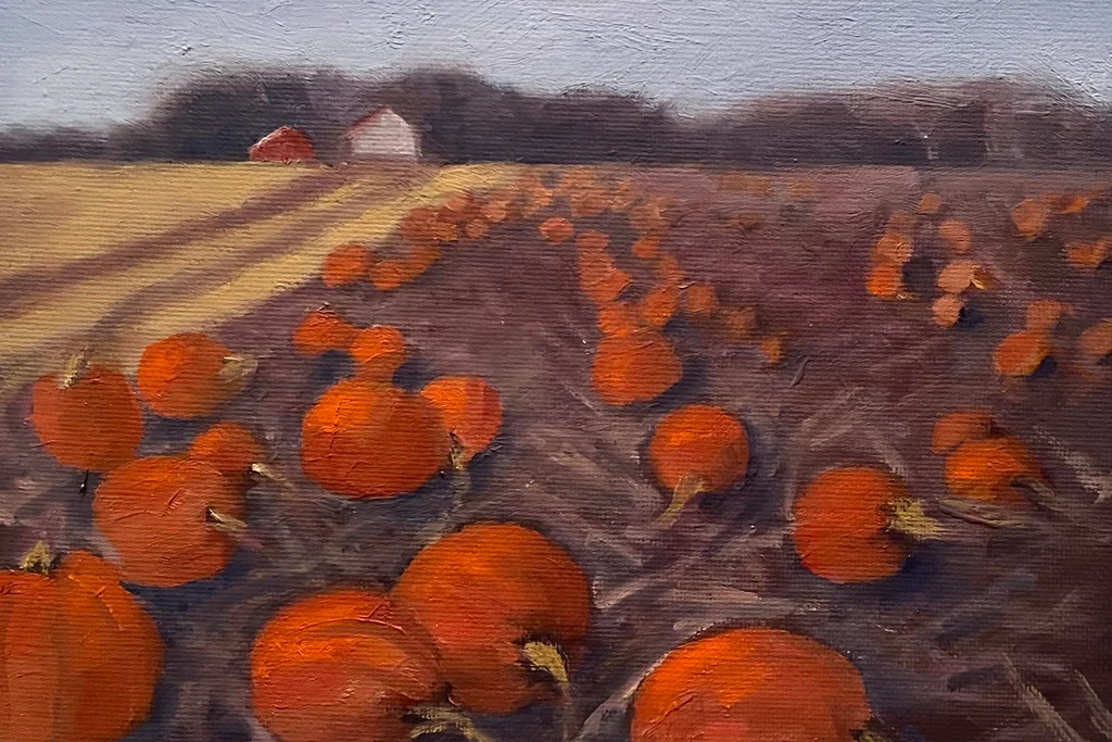 Painting of a pumpkin field at sunset by Carol Cosgrove